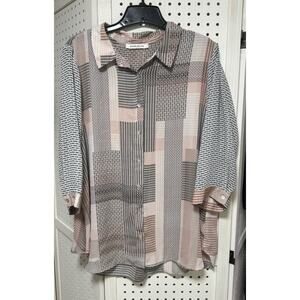Rose + Olive Pink Geometric Patchwork Blouse Button Up 3/4 Sleeve Top Blouse 1X
